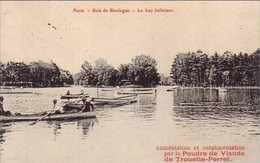 REF14.354   PARIS 16°  BOIS DE BOULOGNE. PUBLICITAIRE  POUDRE DE VIANDE DE TROUETTE-PERRET. LE LAC INFERIEUR.  BARQUES - Arrondissement: 16