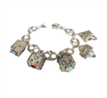 Ancien Bracelet Etrusque A Breloques Pierre Charm Argent Massif Poinçonné 800 - Bracciali