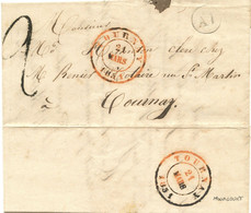 BELGIQUE - TAD TOURNAY + TAXE TAMPON 2 + BOITE RURALE A I SUR LETTRE AVEC CORRESPONDANCE DE MOURCOURT, 1851 - Sonstige & Ohne Zuordnung