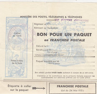 BON POUR UN PAQUET EN FRANCHISE POSTALE. 152° REGIMENT D'INFANTERIE      /   3 - Sellos De Franquicias Militares