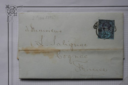 V12 ENGLAND GREAT COVER + PERFIN T S 1892  LONDON   TO COGNAC FRANCE ++2 1\2 PENCE + AFFRANCH. PLAISANT - Storia Postale