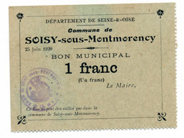 1914-1918 // VILLE DE SOISY-SOUS-MONTMORENCY (ancien Département De Seine&Oise) // Juin 1920 // Bon De Un Franc - Notgeld