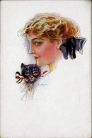 USABAL SIGNED 1910s POSTCARD - WOMAN & CAT - N.3947/3 (3173) - Usabal