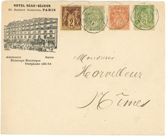 PROMO 10 Juin 1901 Enveloppe Sage+Blanc  Illustrée Hotel Beau Séjour Boulevard Poissonnière Paris Vers Nimes - 1877-1920: Période Semi Moderne