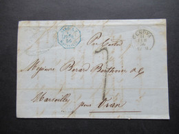 Italien 11.2.1856 Genova - Marseille Pour Oran (Algerien) Blauer 6eck Stempel Sard S.E. Marseille Schiffspost - Sardinia