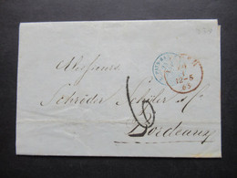 Niederlande 24.1.1865 Roter Stempel K1 Leiden Und Blauer K2 Pays Bas 2 Erquelines Faltbrief Mit Inhalt Nach Bordeaux - Briefe U. Dokumente