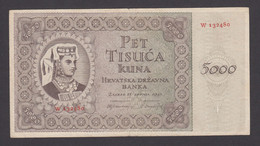 5000 KUNA 15.7.1943 PET TISUČU KUNA HRVATSKA DRŽAVNA BANKA BANKNOTE ONE LETTER IN SERIAL NUMBER - Croacia