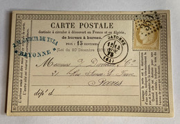 CARTE PRÉCURSEUR De BAYONNE Pour PARIS Avec Tampon JM GARCIA DE YSLA Et Affranchissement Type Cérès De Novembre 1875 - Precursor Cards