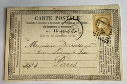 CARTE PRÉCURSEUR Pour PARIS Avec Affranchissement Type Cérès De 1874 - Cartes Précurseurs