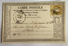 CARTE PRÉCURSEUR De MELUN Pour PARIS Avec Affranchissement Type Cérès De Novembre 874 - Cartes Précurseurs