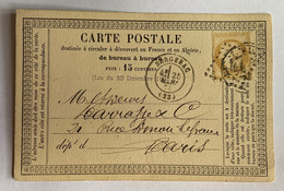 CARTE PRÉCURSEUR De BERGERAC Pour PARIS Avec Affranchissement Type Cérès De Mars 1874 - Vorläufer