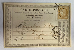 CARTE PRÉCURSEUR Pour PARIS Avec Affranchissement Type Cérès De Mai 1875 - Vorläufer