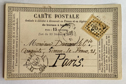 CARTE PRÉCURSEUR Pour PARIS Avec Tampon Pharmacie NARBONNE Et Affranchissement Type Cérès De 1875 - Tarjetas Precursoras
