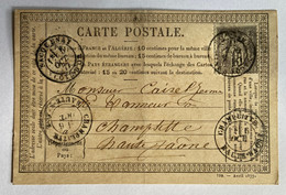 CARTE PRÉCURSEUR De SACQUENAY Pour CHAMPLITTE Avec Affranchissement Type Sage De Octobre 1877 - Cartes Précurseurs