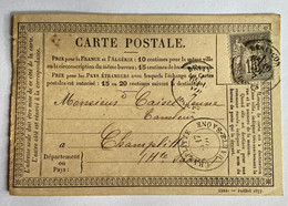 CARTE PRÉCURSEUR De BESANÇON Pour CHAMPLITTE Avec Affranchissement Type Sage De Novembre 1877 - Vorläufer