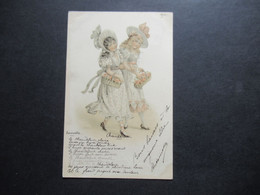 Litho Frankreich 1901 2 Damen / Junge Frauen Im Kleid Mit Blumenkorb Chandeleur Stempel Angers Maine Et Loire - Personnages