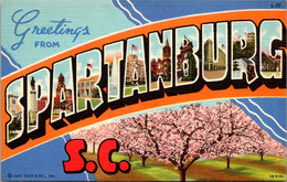 South Carolina Spartanburg Greetings Large Letter Linen Curteich - Spartanburg