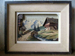 TABLEAU BOIS PEINT PAYSAGE CHALET MONTAGNE Sculpté Dans La Masse Signé RAUGEL Cadre Sculpture Relief Decoration C1950 ! - Bois