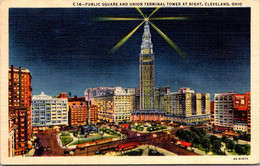 Ohio Cleveland Public Square And Union Terminal Tower At Night 1950 Curteich - Cleveland