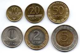 LITHUANIA, Set Of Six 10,20,50 Centu,1,2,5 Litai, Brass,Nickel,Bimetallic Year 1997, 99, KM #106,107,108,111,112,113 - Litauen
