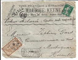 MAURICE KEENE -  PARIS-BERCY A MONTAGNAC -   1 Timbre Type MERSON 1 Timbre SEMEUSE - 1877-1920: Semi Modern Period