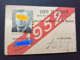 MUTILE OU REFORME DE GUERRE  Carte De Priorité  VOITURES R.A.T.P.  Annee 1952 - Documents