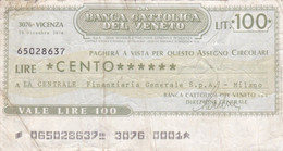 Italie - Billet De 100 Lire - Banco Cattolica Del Veneto - 29 Décembre 1976 - Emissions Provisionnelles - Chèque - [ 4] Voorlopige Uitgaven