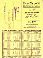 Köln 1926 " Haus Metropol Apostelnstr. Ehrenkarte " Rs. Deko Mini - Kalender Calendrier Calendar Calendario Zakkalender - Petit Format : 1921-40