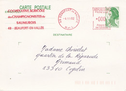 Carte Entier Postal Avec EMA Très Bien Frappée Coopérative Des Champignonistes Du Saumurois. - Mushrooms