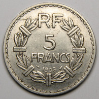 ASSEZ RARE 5 Francs Lavrillier, 1938, Nickel - III° République - 5 Francs