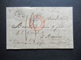 Belgien 1837 Kleiner Fingerhutstempel K1 Aywaille Und Roter K2 Belgique Par Valenciennes / Blauer L1 B.5.R Nach Beaune - 1830-1849 (Independent Belgium)