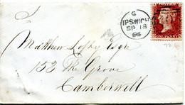 Great Britain - England 1866 Cover Ipswich To Camberwell, London - 1d Red - Plate 72 - Covers & Documents