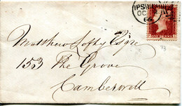 Great Britain - England 1866 Cover Ipswich To Camberwell, London - 1d Red - Plate 73 - Covers & Documents