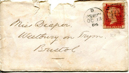 Great Britain - England 1866 Cover Ipswich To Bristol - 1d Red - Plate 100 - Covers & Documents