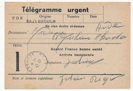 FRANCE - HAZEBOUCK (NORD) - Télégramme Urgent "Rentré En France Bonne Santé Arrivée Imminente" 27/5/45 - 2. Weltkrieg 1939-1945