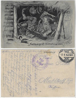 Germany 1916 Postcard Field Post WW1 Feldpostkarte Feldpost soldier In The Trench Being Attacked By Rat Stealing Food - Militaria