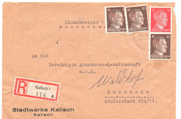 Einschreiben, "Kalisch 1", Kalisz, Pommern,"Stadtwerke Kalisch", MeF, Gel. 1943, Nach Waldorf - Cartas