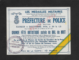 MILITARIA FAIRE PART INVITATION BAL DE NUIT CACHET LES MEDAILLES MILITAIRES 332e SECTION DE POLICE PARIS IV 1936 : - Police & Gendarmerie