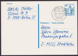 P 123, Stpl. "Berlin", Nach Schweden, Kein Text - Postkarten - Gebraucht