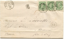 BELGIQUE N°30 (YVERT) X3 CAD MARIEMBOURG + BOITE AU SUR LETTRE AVEC CORRESPONDANCE DE FRASNES POUR LA FRANCE, 1874 - Posta Rurale