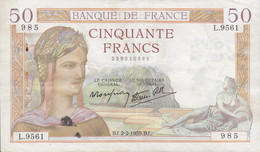 Billet 50 F Cérès Du 2-2-1939 FAY 18.21 Alph. L.9561 N° 985 Bel état - 50 F 1934-1940 ''Cérès''