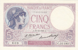 Billet 5 F Violet Du 24-12-1927 FAY 03.11 Alph. C.31193 SPL Sans épinglage - 5 F 1917-1940 ''Violet''