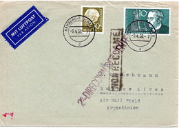 57728 - Bund - 1958 - 50Pfg. Heuss II MiF A LpBf HAMBURG-FLUGHAFEN -> Argentinien, Zurueck An Abs. - Lettres & Documents