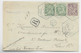 FRANCE MOUCHON 30C+5C BLANC LETTRE REC GRAND CACHET HEX BLEU PARIS 12C 21.5.1902 159 R DE BERCY RARE - 1900-02 Mouchon