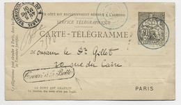 ENTIER CHAPLAIN 30C CARTE TELEGRAMME TIMBRE A DATE BLEU PARIS 1891 + TROUVE A LA BOITE - 1877-1920: Semi Modern Period