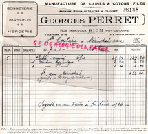 63- RIOM- RARE FACTURE GEORGES PERRET-OSTANCIAS CHAUVET- MANUFACTURE LAINES COTONS-BONNETERIE- RUE MARIVAUX-1936 - Kleidung & Textil