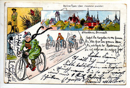 Litho Humor: Berliner Typen, 1.Serie: Alte Radlerin, Mit 4-Zeiler-Spruch, 3 Bilder, Gel. 11.1.1900 - Humor