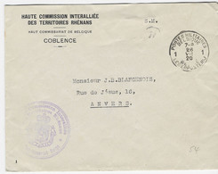 Brief Van HAUT COMMISSION INTERALLIE DES TERRITOIRES RHENANS Verstuurd Met Legerposterij 1 - Belgische Armee