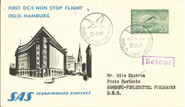 Norway Card First SAS DC-9 Non Stop Flight Oslo - Hamburg 25-8-1969 With Cachet - Covers & Documents