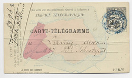 FRANCE ENTIER 30C CHAPLAIN CARTE  TELEGRAMME C. ONDULE BLEU PARIS QUAI MALAQUAIS 1883 - Pneumatic Post